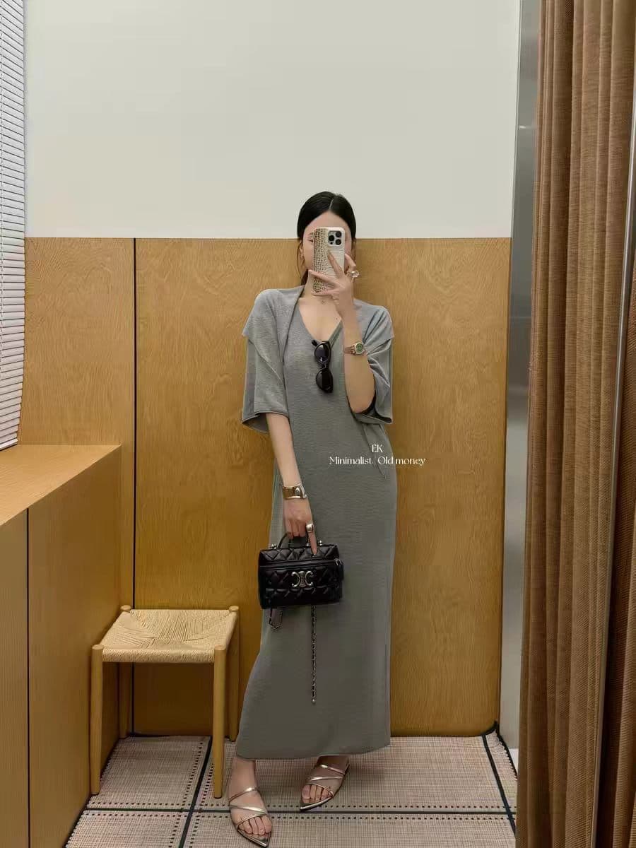 한국 스타일 휴식 미니멀리즘 패션 숄 랩스커트팬츠 니트 원피스 캐주얼 u 칼라 슬림해 보이는 표지 고기 품격 중간 소매 드레스 이미지 3