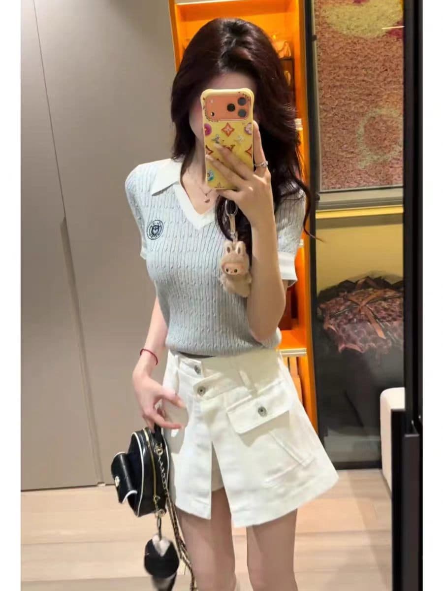 학원 스타일 회색 폴로 칼라 자수 얼음 실크 니트 반팔 티셔츠 여성 여름 작은 키 몸매 가꾸기 POLO 셔츠 맨위 상세 이미지 3