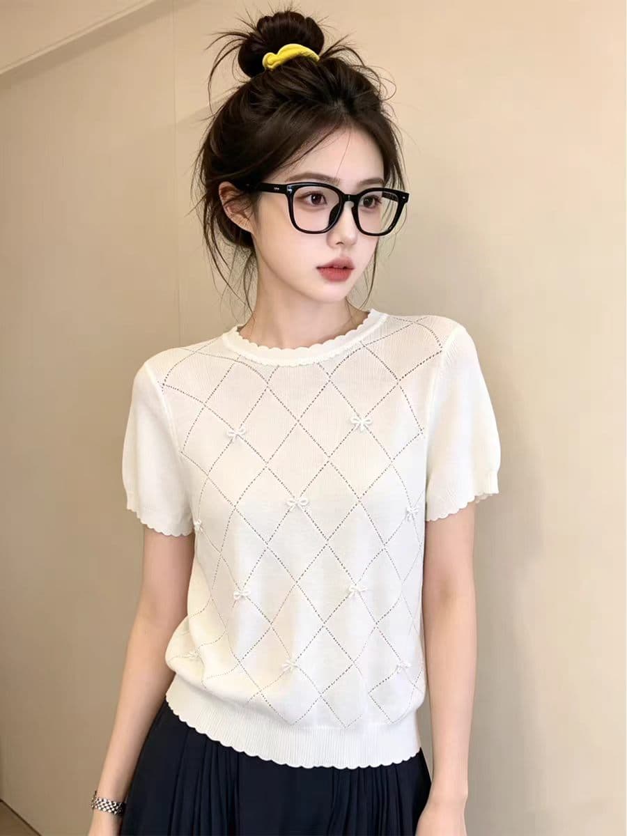 ziiy 세련된 연령 감소 착용 가져 가라. 링 그리드 나비 매듭 짧은 소매 위버 여름 루즈핏 슬림해 보이는 출퇴근 맨위 상세 이미지 4