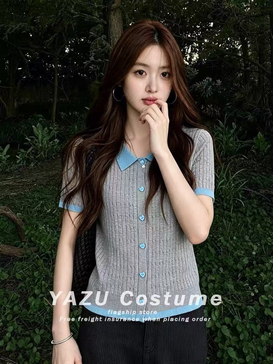 레트로 느긋한 느슨함 센스 패치워크 배색 폴로 칼라 반팔 니트 티셔츠 여름 새로운 슬림해 보이는 다용도 맨위 여성 이미지 4