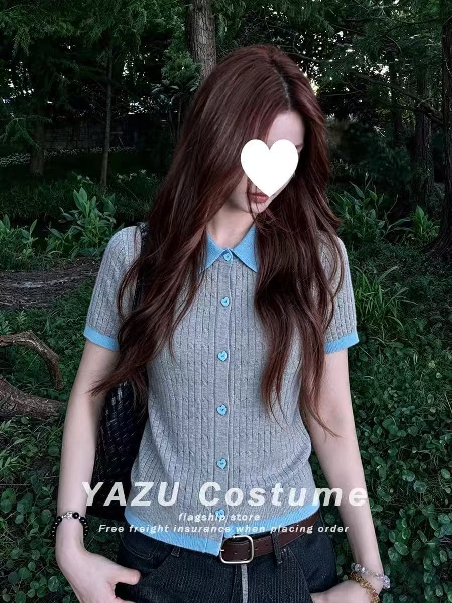 레트로 느긋한 느슨함 센스 패치워크 배색 폴로 칼라 반팔 니트 티셔츠 여름 새로운 슬림해 보이는 다용도 맨위 여성 상세 이미지 4