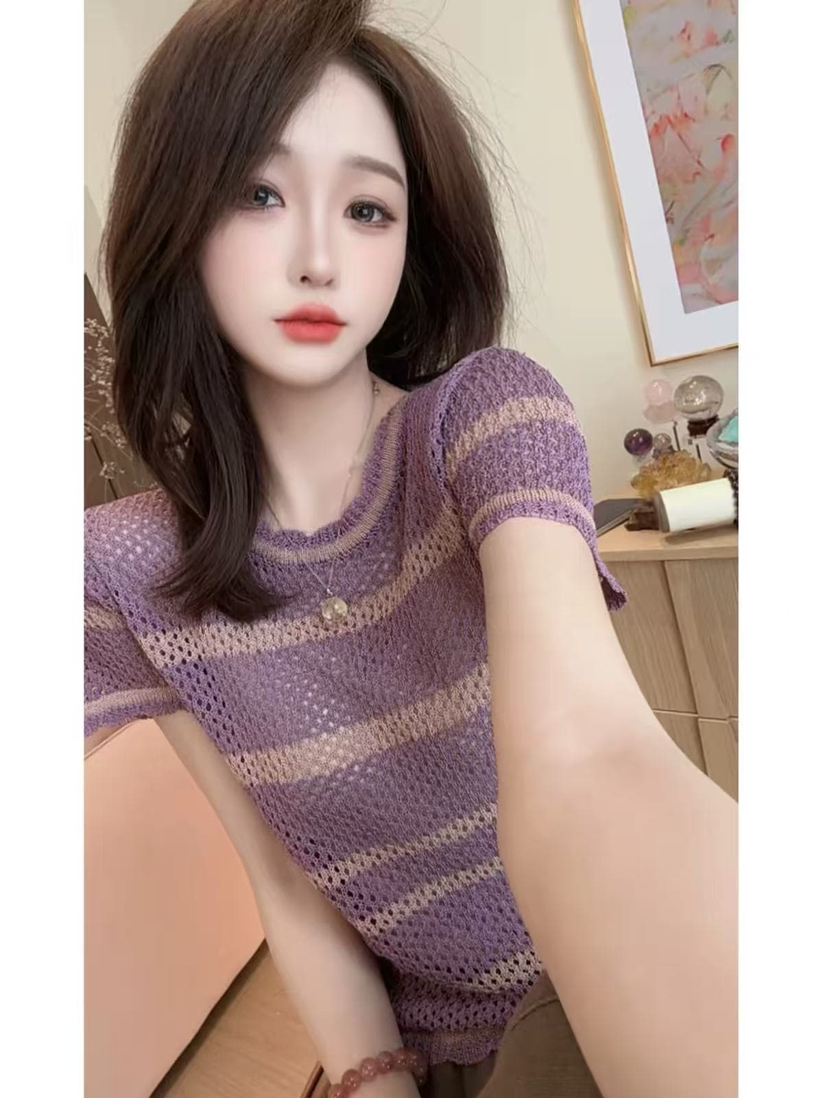 첸 첸 사설 서비스 품격 디자인 센스 연령 감소 반팔 니트 스웨터 외국 가스 디스플레이 화이트 패치워크 색상 작은 셔츠 26051209 상세 이미지 1