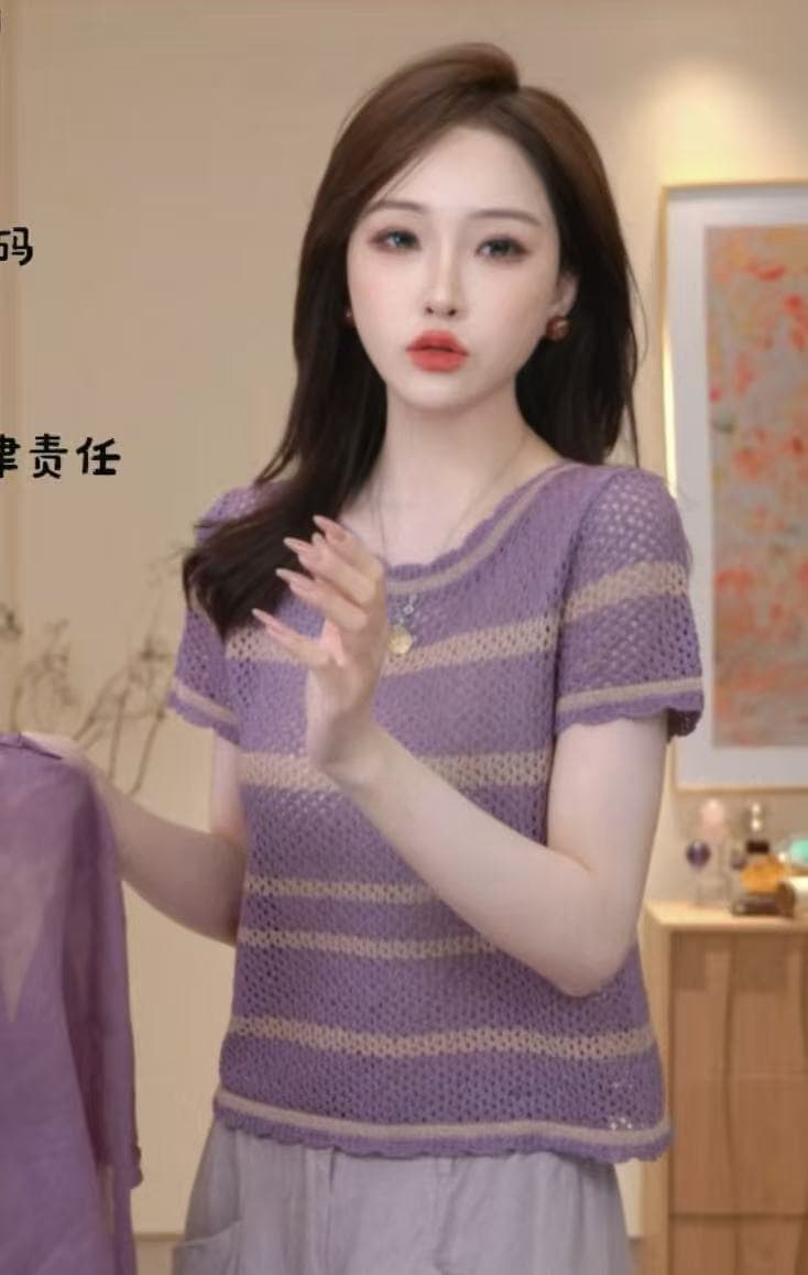 첸 첸 사설 서비스 품격 디자인 센스 연령 감소 반팔 니트 스웨터 외국 가스 디스플레이 화이트 패치워크 색상 작은 셔츠 26051209 상세 이미지 3