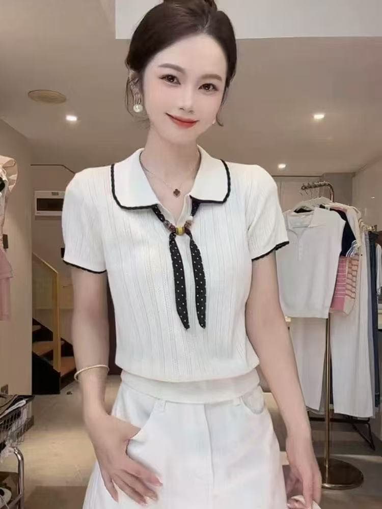 부드러운 바람 파란색 폴로 칼라 경기 스카프 반팔 니트 스웨터 여름 얇은 스타일 고유 한 아름다운 슬림해 보이는 POLO 셔츠 맨위 상세 이미지 1