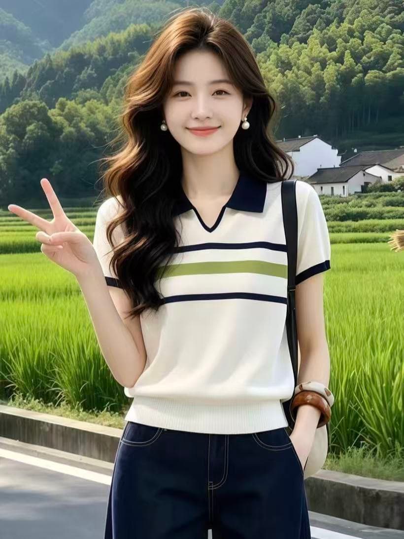 패션 배색 스트라이프 POLO 칼라 반팔 니트 스웨터 여성 2026 여름 지방 mm 루즈핏 다용도 연령 감소 맨위 상세 이미지 2