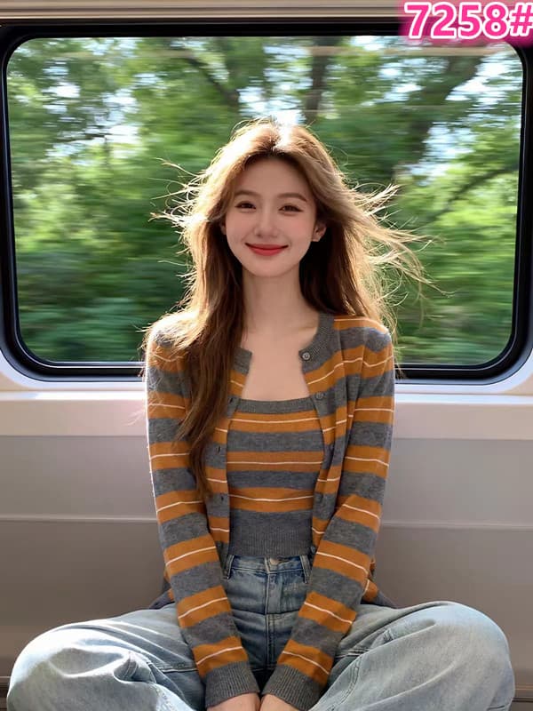 한 부서 주황색 스트라이프 스택 착용 니트 오픈 가디건 여성 조기 봄 디자인 센스 스웨터 코트 외부 가져 가라. 두 조각 스타일 맨위