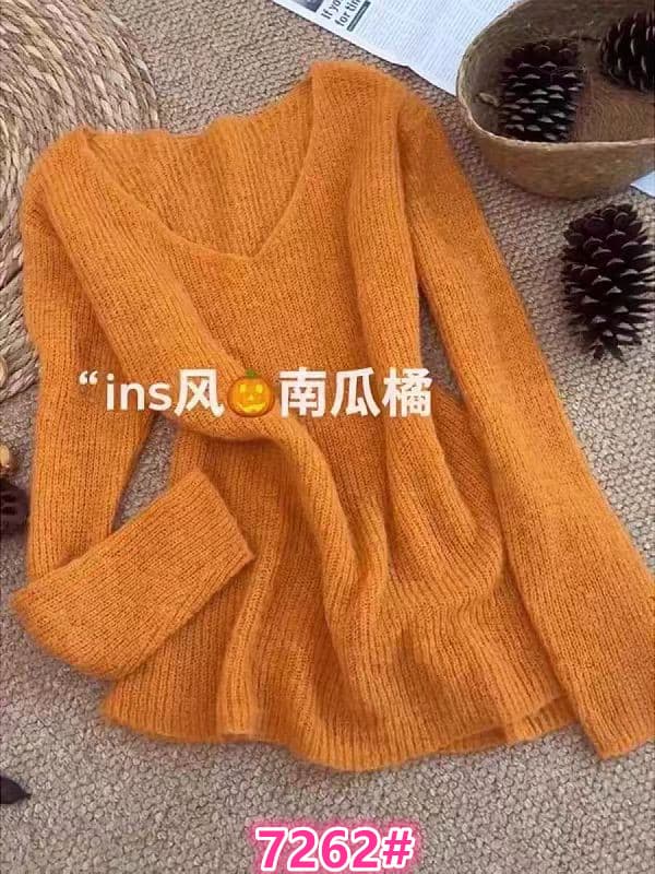 빅 사이즈 통통한 여동생 주황색 V넥 부드러운 찹쌀 스웨터 여자 가을 분위기 센스 루즈핏 풀오버 니트 스웨터 품격 맨위 상세 이미지 1