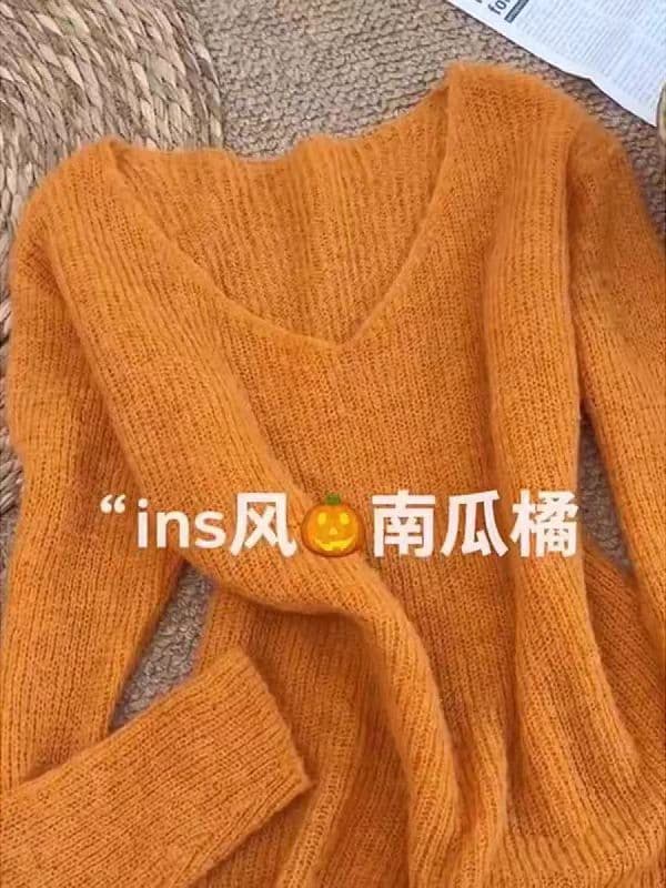 빅 사이즈 통통한 여동생 주황색 V넥 부드러운 찹쌀 스웨터 여자 가을 분위기 센스 루즈핏 풀오버 니트 스웨터 품격 맨위 상세 이미지 2
