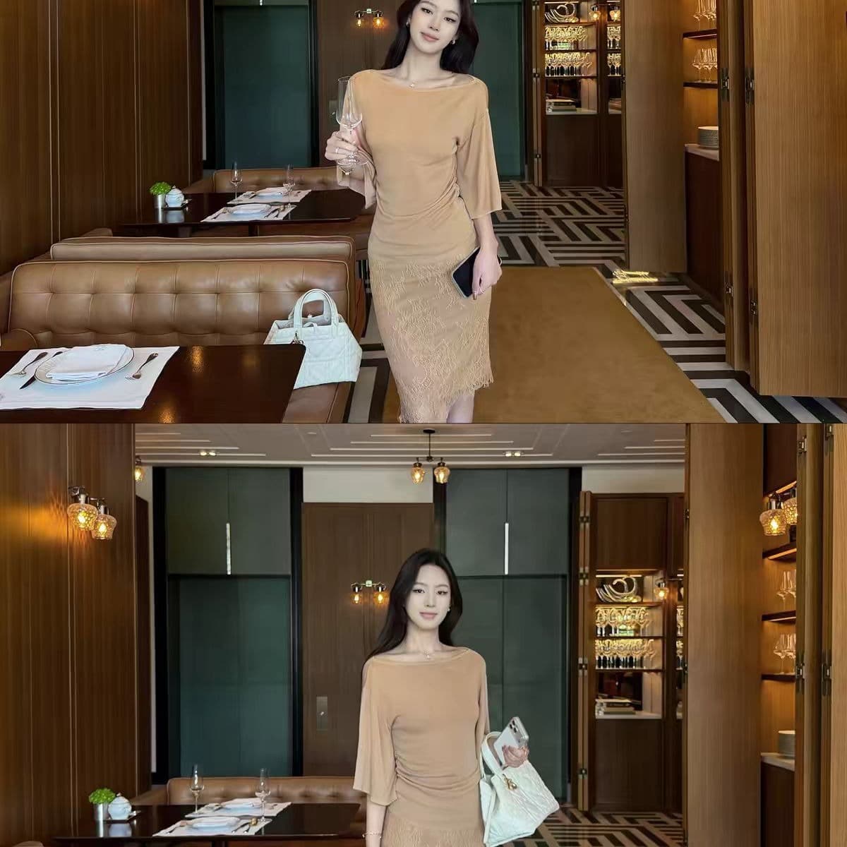 5werkwen 우아함 품격 자매 보트넥 1oo 라이 경기 서울 펌프 Pleat 허리 수축 슬림해 보이는 중간 소매 니트 스웨터 이미지 5