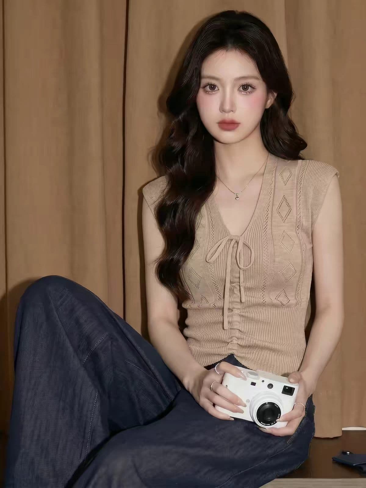 조수 브랜드 프랑스식 민소매 홀로우 아웃 캐미솔 여름 아름다운 화이트 칼라 아름다운 해변가 외출용 니트 맨위 이미지 3