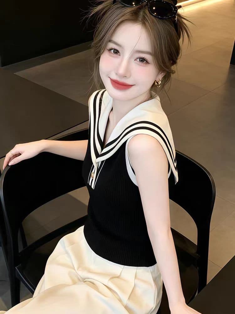 올해 인기 ~ 중 폭발 여성 의류 여름 2026 새로운 해군 칼라 배색 패치워크 패션 외국 가스 티셔츠 맨위 상세 이미지 2