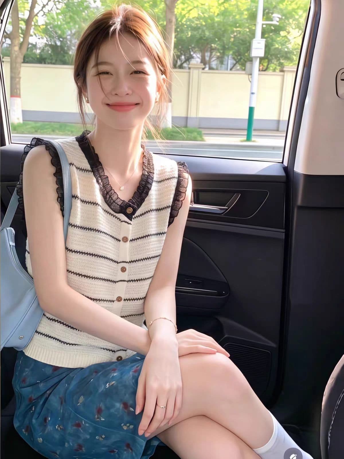 한 부서 품격 배색 스트라이프 레이스 레이스 얼음 실크 니트 스웨터 여성 여름 루즈핏 슬림해 보이는 민소매 어깨 맨위 이미지 2