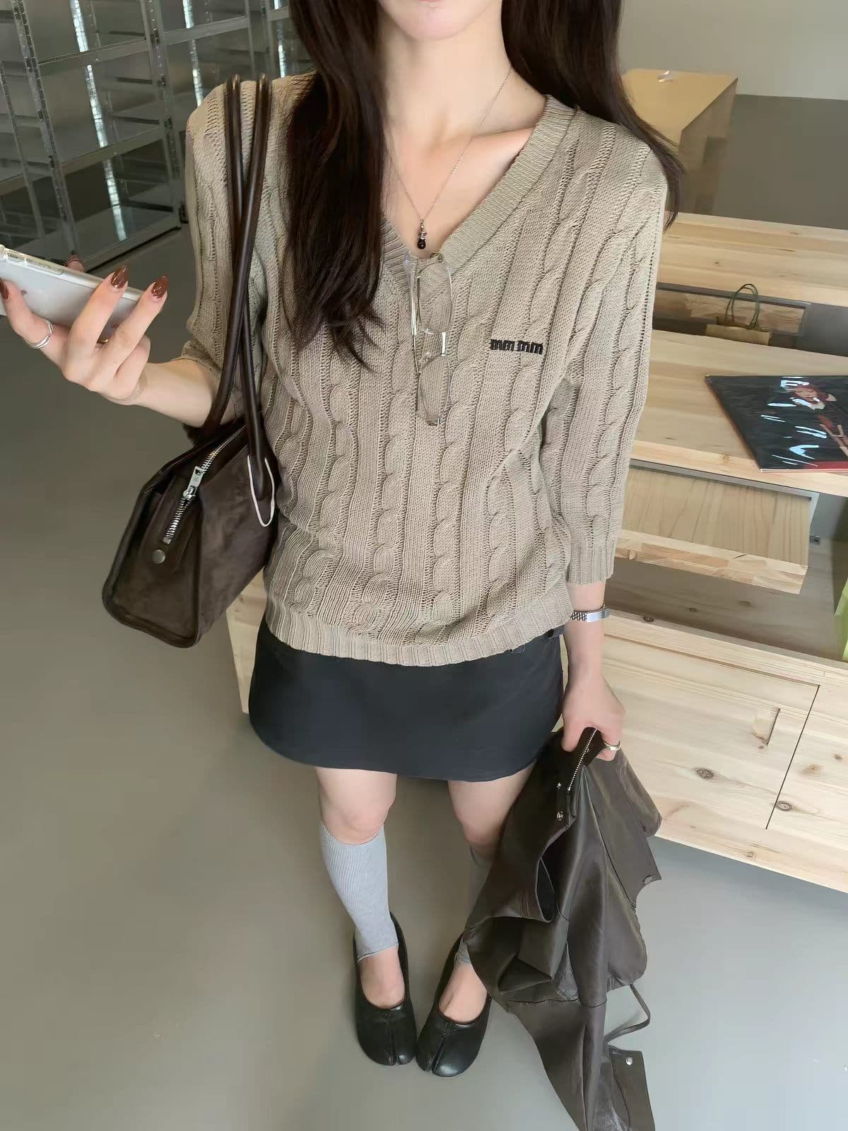the limon 레몬 녹차 한 부서 품격 V넥 트위스트 꽃 자수 다용도 니트 스웨터 여성 중간 소매 맨위 가을 상세 이미지 5
