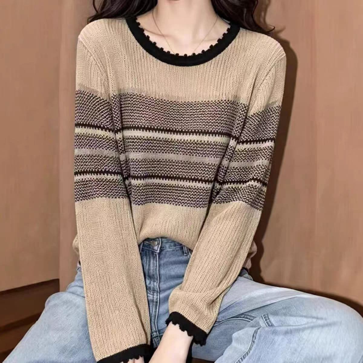 이른 가을 새로운 레트로 스트라이프 라운드 넥 긴팔 니트 스웨터 여성 2026 새로운 패션 외국 가스 느긋한 바람 맨위 여성 상세 이미지 4
