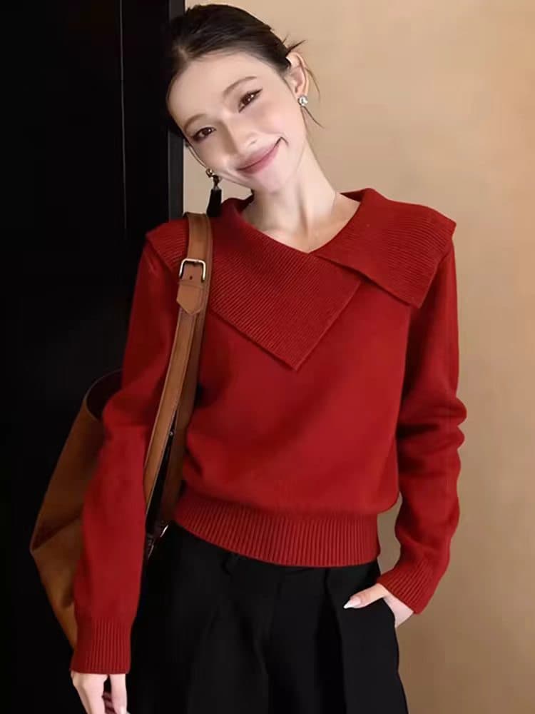 희 기타 아름다움 부드러운 느긋한 바람 프릴 비대칭 녹색 스웨터 여자 루즈핏 디자인 센스 고급 센스 니트 스웨터 상세 이미지 4