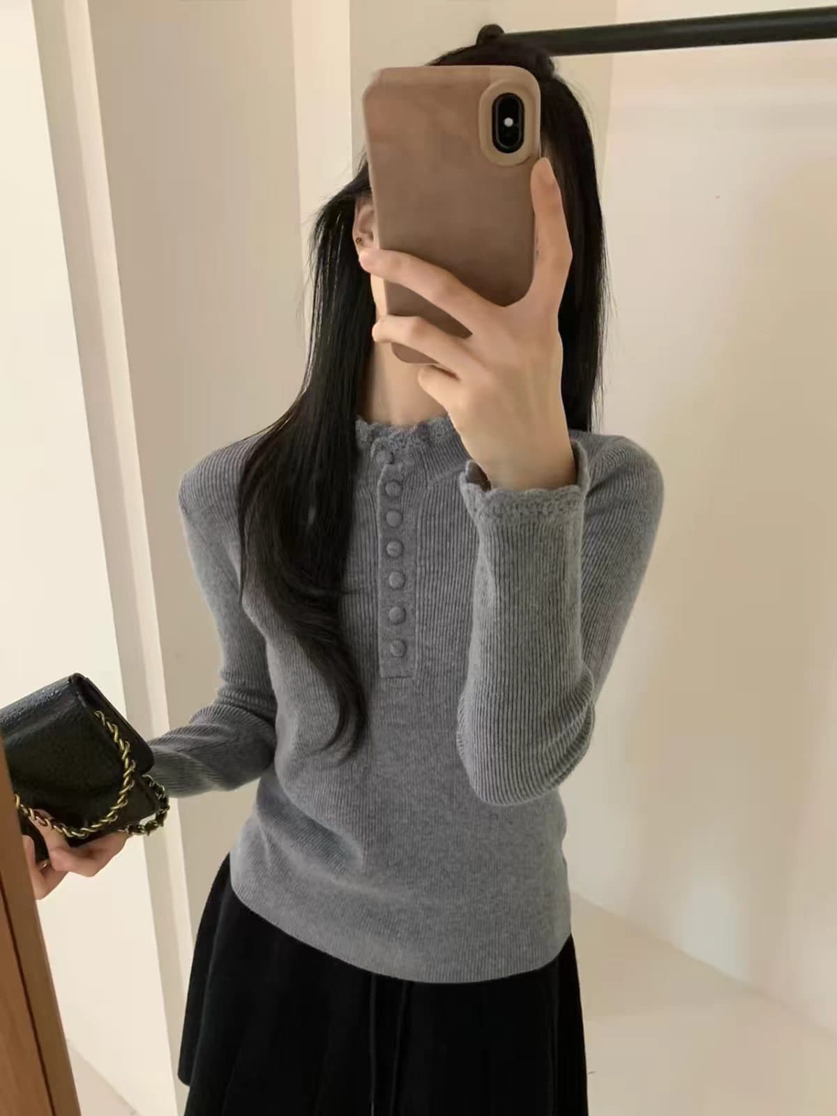 한 부서 회색 레이스 반하이넥 니트 기본 셔츠 여성 가을 겨울 디자인 센스 작은 대중 스웨터 인사이드 가져 가라. 긴팔 맨위 상세 이미지 2