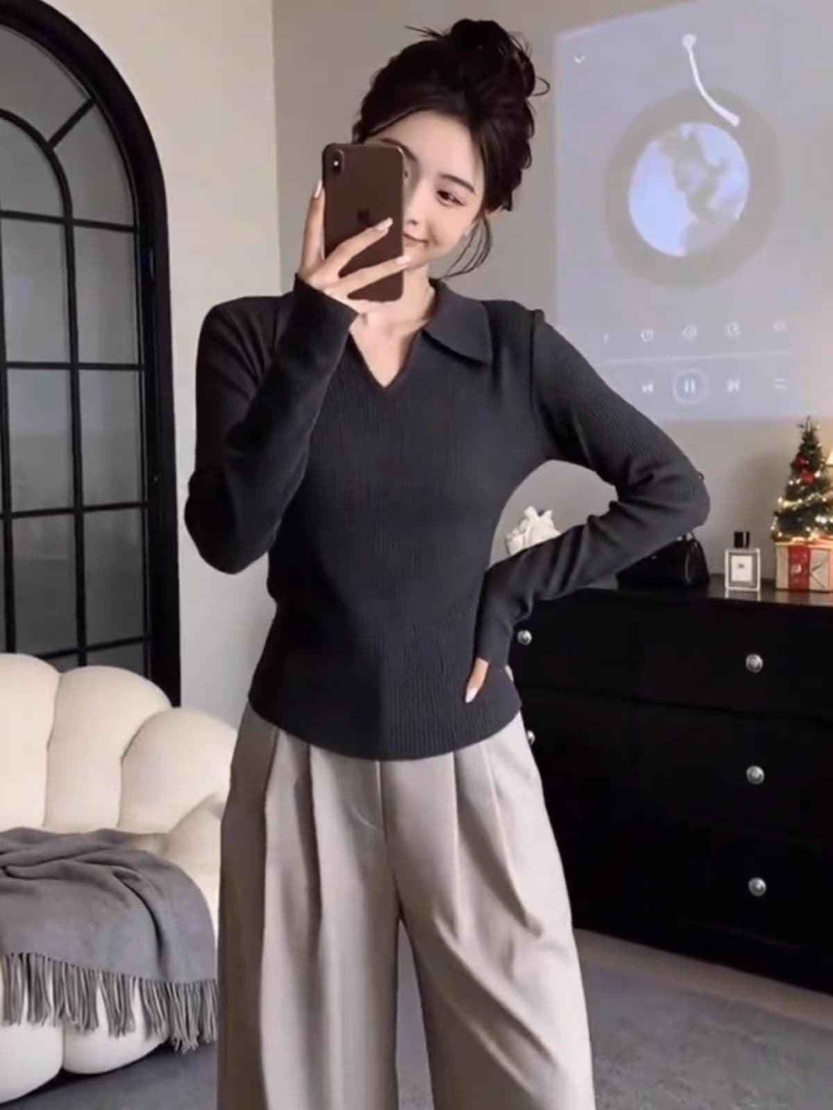 POLO 칼라 폴로 칼라 V넥 니트 인사이드 가져 가라. 기본 셔츠 여성 봄 디자인 센스 몸매 가꾸기 품격 긴팔 티셔츠 맨위 서비스 이미지 2