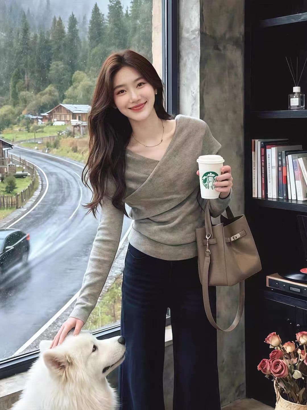 불규칙 회색 십자가 V넥 니트 기본 셔츠 여성 봄 디자인 센스 작은 대중 인사이드 가져 가라. 몸매 가꾸기 만나는 맨위 이미지 3