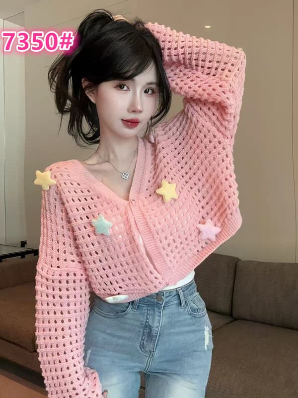 부드러운 바람 달콤함 핑크색 홀로우 아웃 니트 여성 코트 조기 가을 새로운 스웨터 오픈 가디건 외부 가져 가라. 쇼트 스타일 맨위 상세 이미지 1