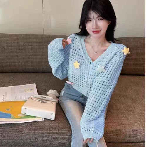 부드러운 바람 달콤함 핑크색 홀로우 아웃 니트 여성 코트 조기 가을 새로운 스웨터 오픈 가디건 외부 가져 가라. 쇼트 스타일 맨위 상세 이미지 5