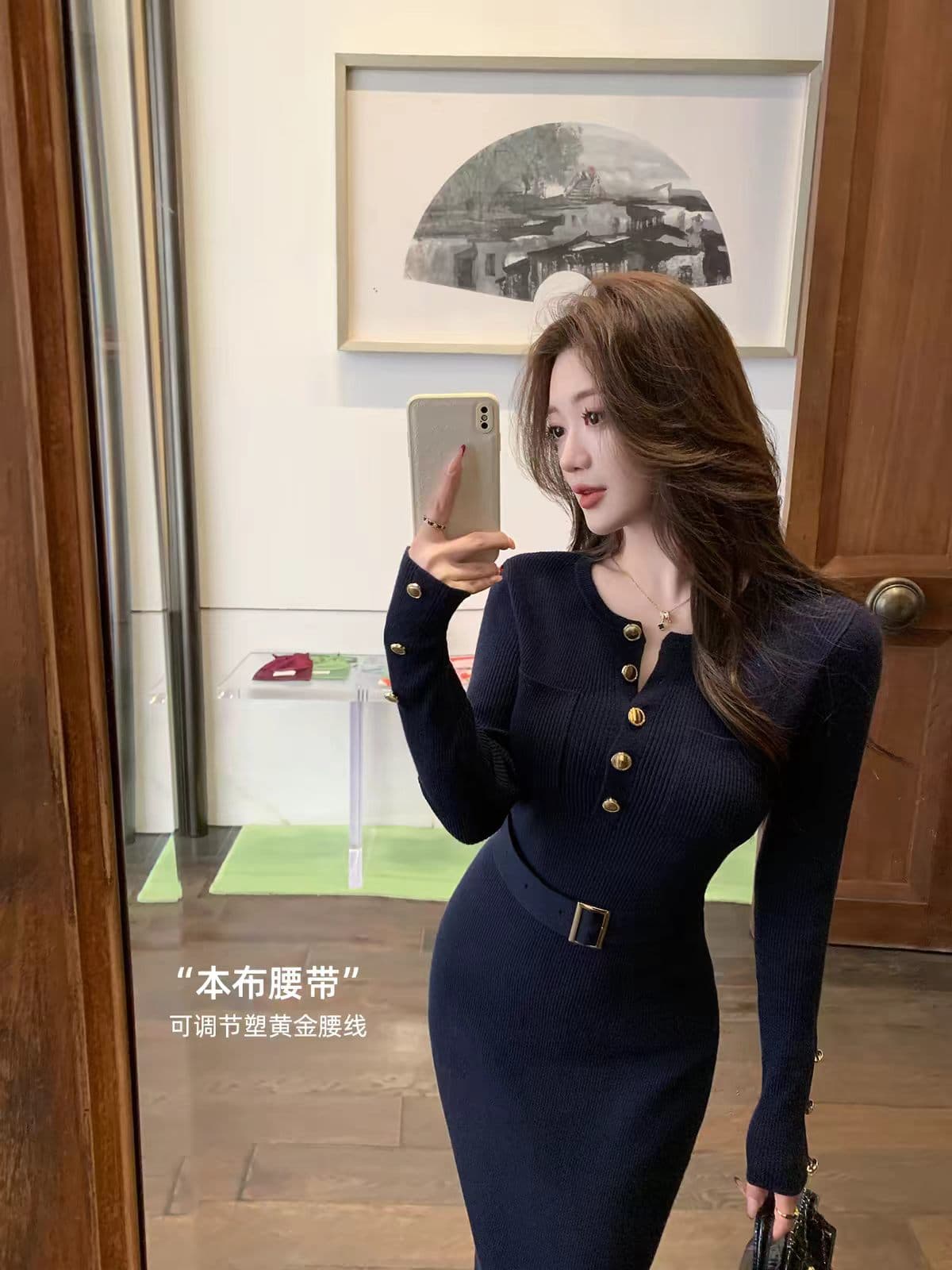 린 닫기 품격 로얄 자매 바람 니트 여성 드레스 벨트 허리 수축 몸매 가꾸기 슬림해 보이는 타이트 스커트 트임 길다 치마 이미지 4