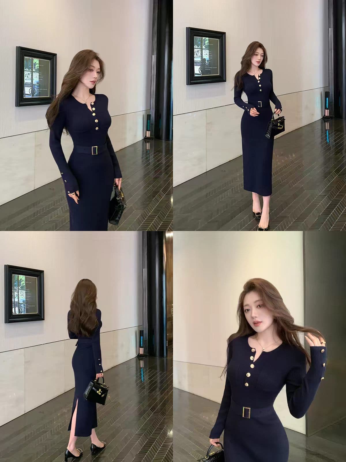 린 닫기 품격 로얄 자매 바람 니트 여성 드레스 벨트 허리 수축 몸매 가꾸기 슬림해 보이는 타이트 스커트 트임 길다 치마 상세 이미지 5