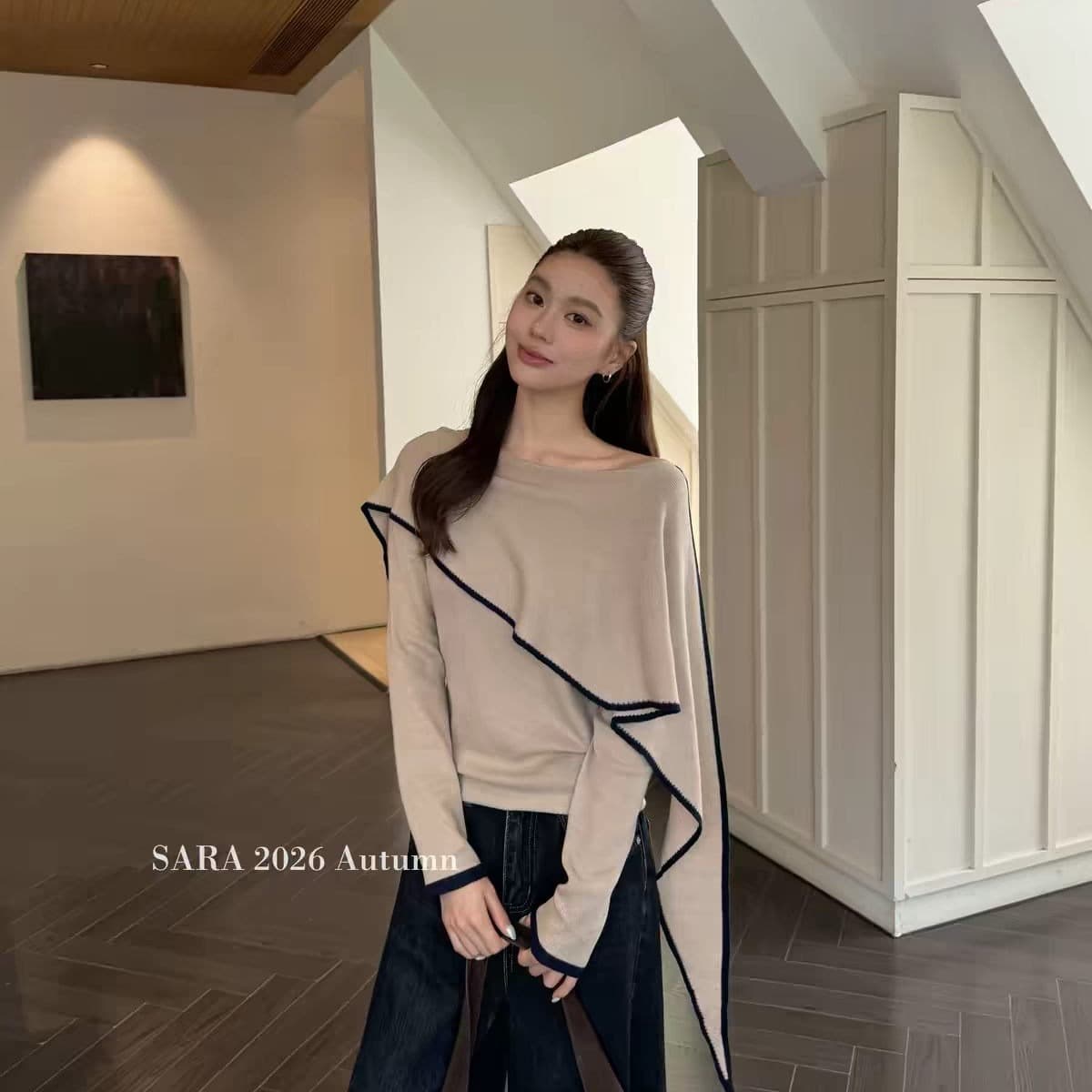 sara 프랑스식 불규칙 배색 망토 디자인 니트 스웨터 2026 년 가을 품격 고급 센스 맨위 여성 이미지 5