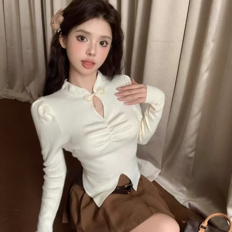 중식 주름 디자인 센스 니트 스웨터 여성 가을 겨울 새로운 높음 질감 긴팔 스웨터 밑단 트임 Chic 맨위 이미지 4