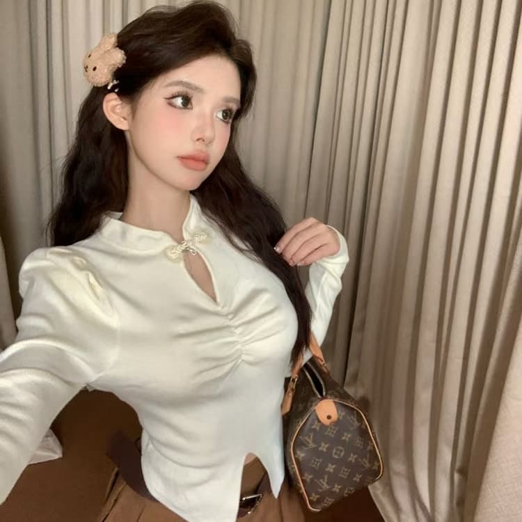 중식 주름 디자인 센스 니트 스웨터 여성 가을 겨울 새로운 높음 질감 긴팔 스웨터 밑단 트임 Chic 맨위 상세 이미지 4