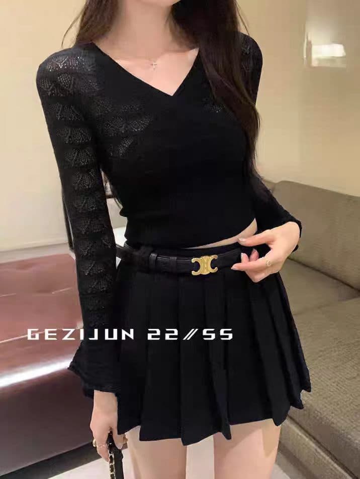 gezijun 레이스 자수 V넥 만나는 니트 스웨터 여성 가을 몸매 가꾸기 순수한 욕망 핫걸 슬림해 보이는 나팔 소매 맨위 상세 이미지 2