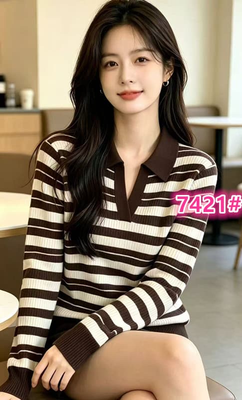 프랑스식 레트로 스트라이프 배색 칼라 긴팔 맨위 여성 의류 이른 가을 새로운 몸매 가꾸기 슬림해 보이는 니트 기본 셔츠 상세 이미지 1