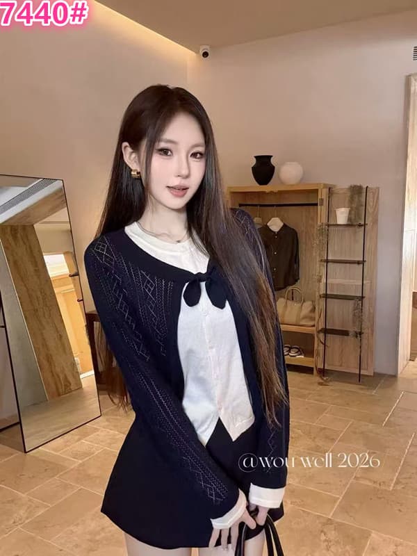 한 부서 배색 페이크 레이어드 긴팔 니트 스웨터 여성 2026 새로운 디자인 센스 몸매 가꾸기 품격 페이크 레이어드 맨위 상세 이미지 1