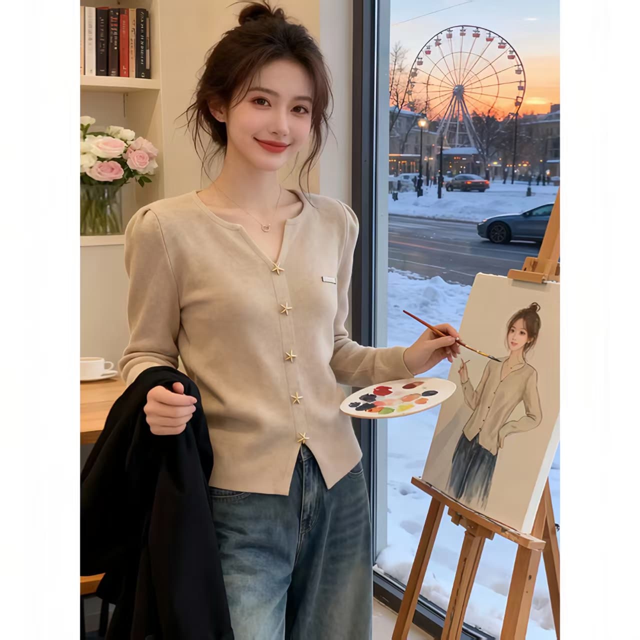 빨간색 V넥 별 버클 부드러운 찹쌀 니트 오픈 가디건 여성 가을 품격 연령 감소 루즈핏 슬림해 보이는 표지 배 빅 사이즈 맨위 상세 이미지 1
