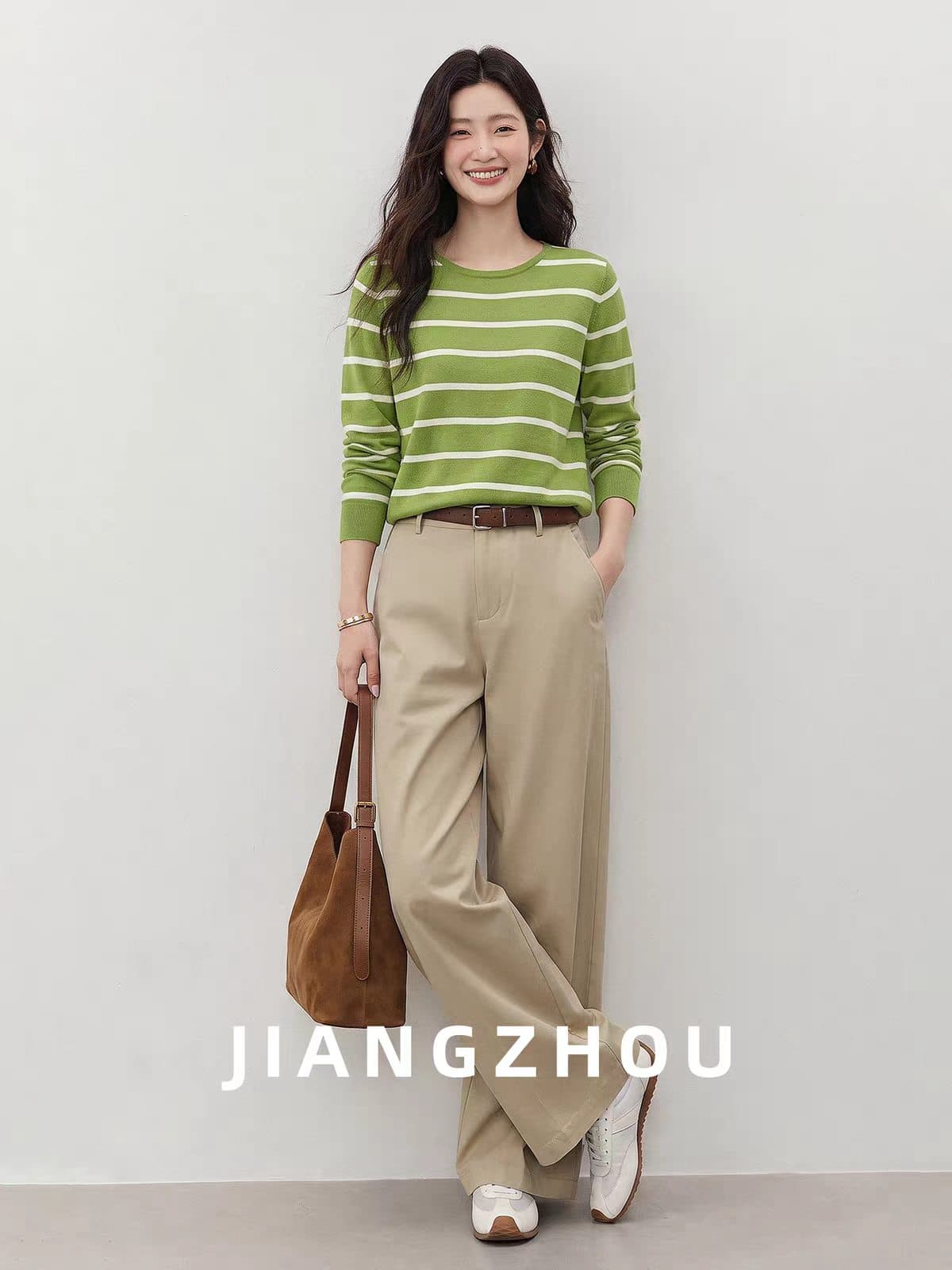 강 대륙 jiangz 가을 새로운 캐주얼 다용도 녹색 스트라이프 긴팔 니트 티셔츠 여성 배색 라운드 넥 맨위 상세 이미지 5