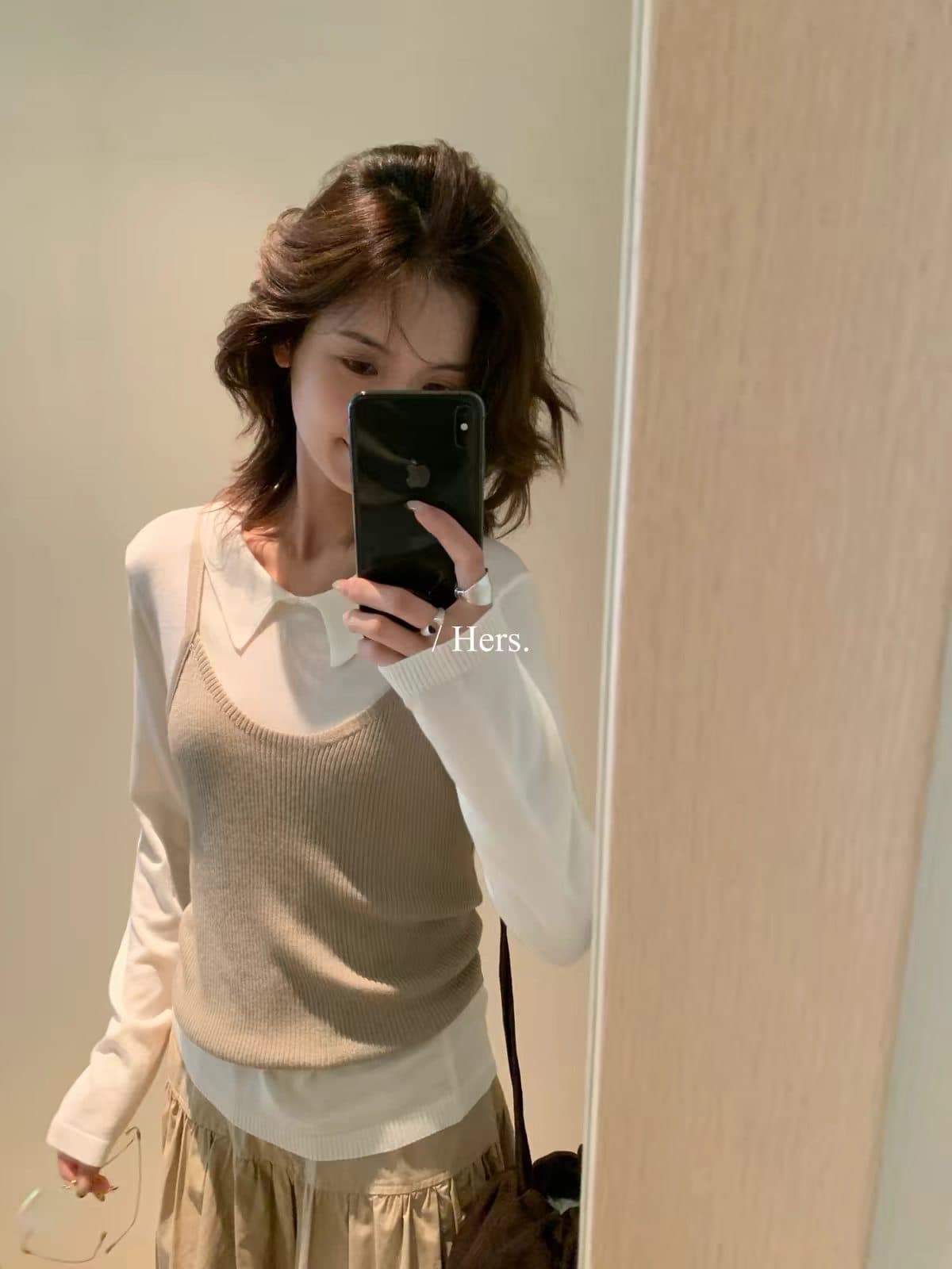 hers- 가을 한 부서 캐주얼 미니멀리즘 레트로 투피스 세트 니트 스웨터 캐미솔 세트 여성 66763 이미지 4