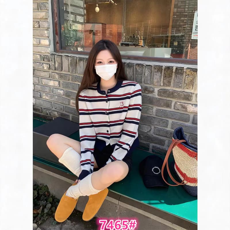 치아 세트 귀여운 수리 개 봄 가을 기본 셔츠 긴팔 스트라이프 니트 스웨터 라운드 넥 miu 부서 오픈 가디건 여성 대 왕 상세 이미지 1