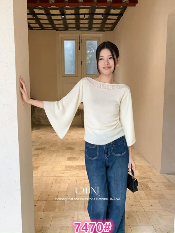 가을 켜기 새로운 한 부서 분위기 센스 레이스 오프숄더 측면 수 있습니다. 조정 펌프 Pleat 부츠컷 7부 소매 맨위 니트 스웨터