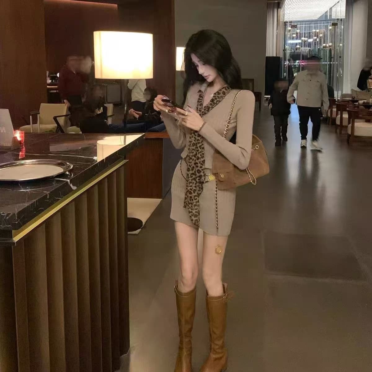 barb chill 레오파드 무늬 스카프 장식품 니트 여성 드레스 가을 몸매 가꾸기 신축성 허리 수축 타이트 스커트 이미지 5