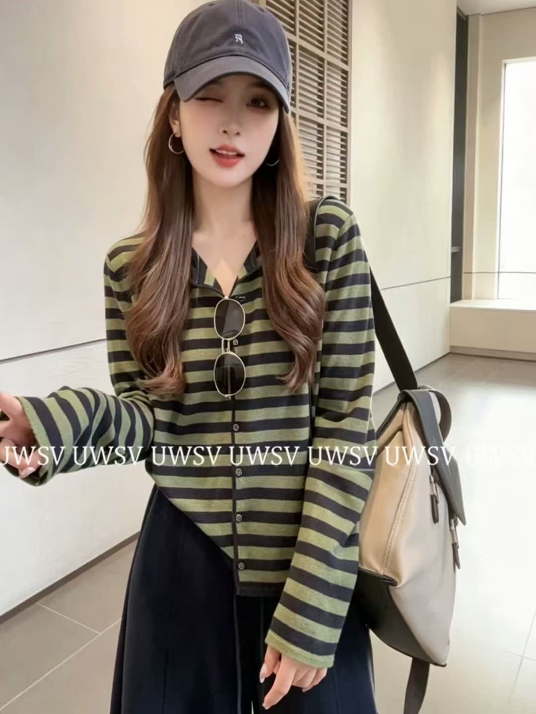 Annan uwsv 새로운 레트로 패션 디스플레이 얇고 작은 표준 스트라이프 오픈 가디건 스웨터 코트 이미지 2