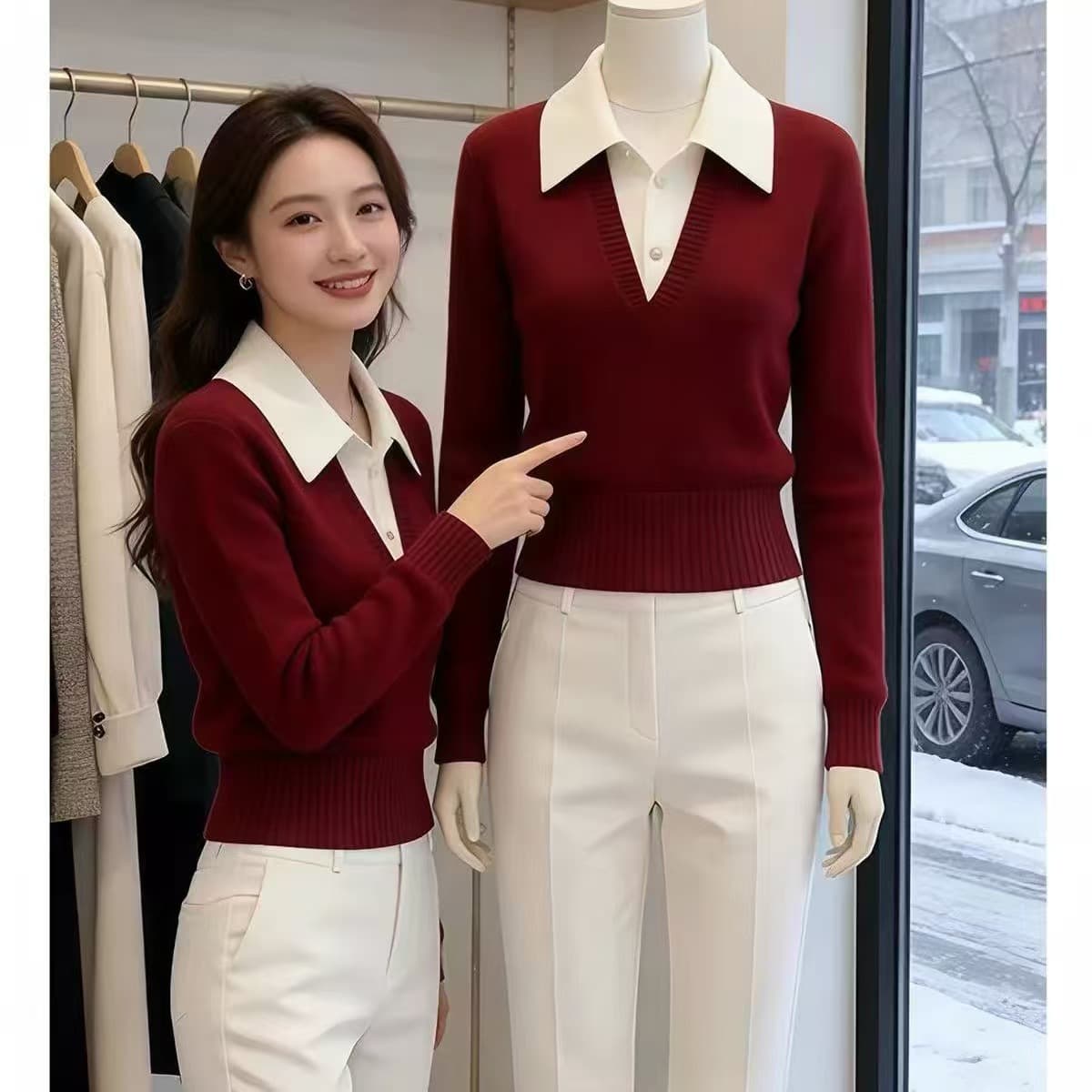 한 부서 부드러운 바람 폴로 칼라 페이크 레이어드 니트 스웨터 여성 2026 가을 겨울 몸매 가꾸기 V넥 일상 출퇴근 부드러운 찹쌀 맨위 상세 이미지 5