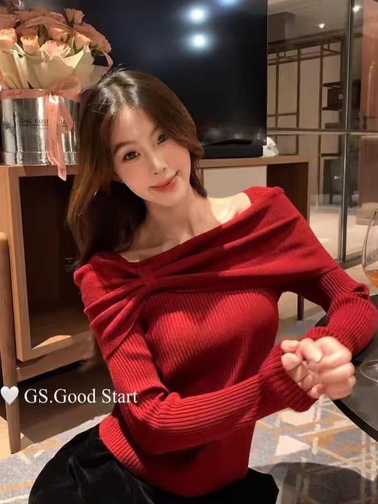 항저우 새로운 의미 법 고급 여성 의류 비틀림 보트넥 긴팔 털 니트 스웨터 인사이드 가져 가라. 만나는 호박 주황색 맨위 상세 이미지 3