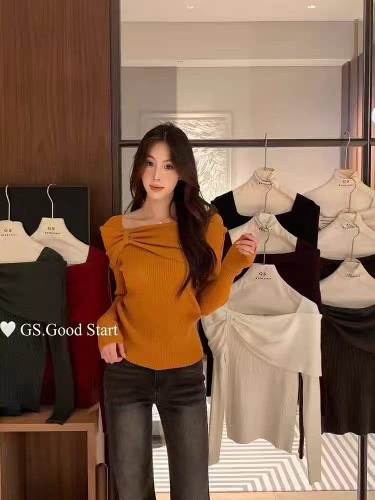 항저우 새로운 의미 법 고급 여성 의류 비틀림 보트넥 긴팔 털 니트 스웨터 인사이드 가져 가라. 만나는 호박 주황색 맨위 상세 이미지 4