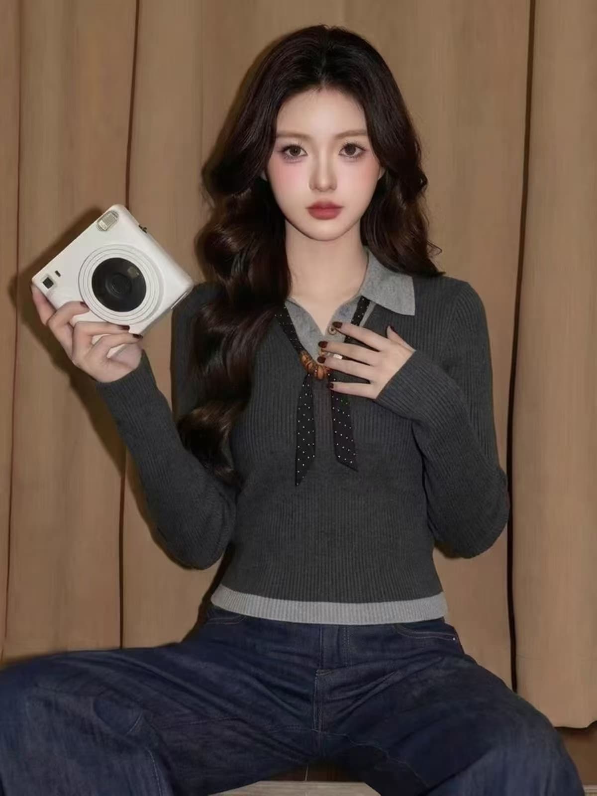회색 페이크 레이어드 니트 스웨터 여성 가을 몸매 가꾸기 슬림해 보이는 긴팔 만나는 맨위 이미지 2