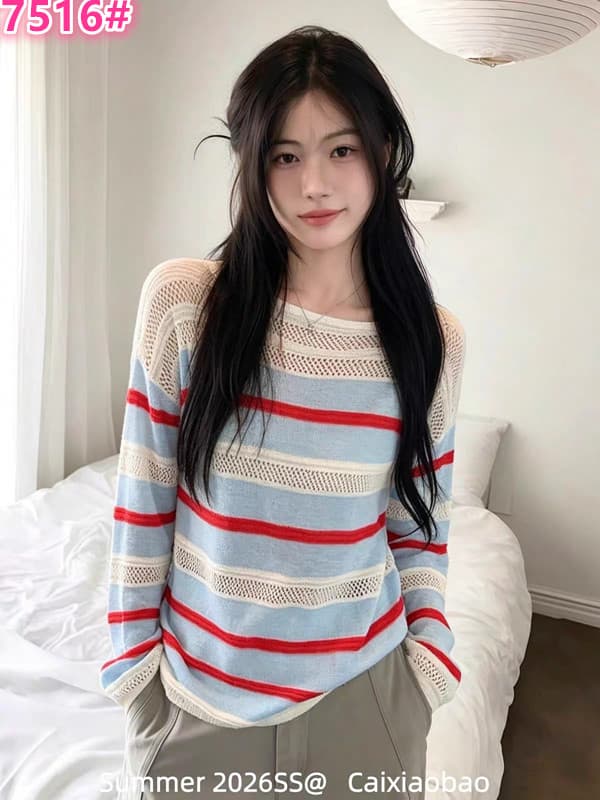 보존 폭발 한 부서 빨간색 블루 배색 홀로우 아웃 스트라이프 니트 스웨터 여성 이른 가을 루즈핏 느긋한 캐주얼 긴팔 맨위 상세 이미지 1