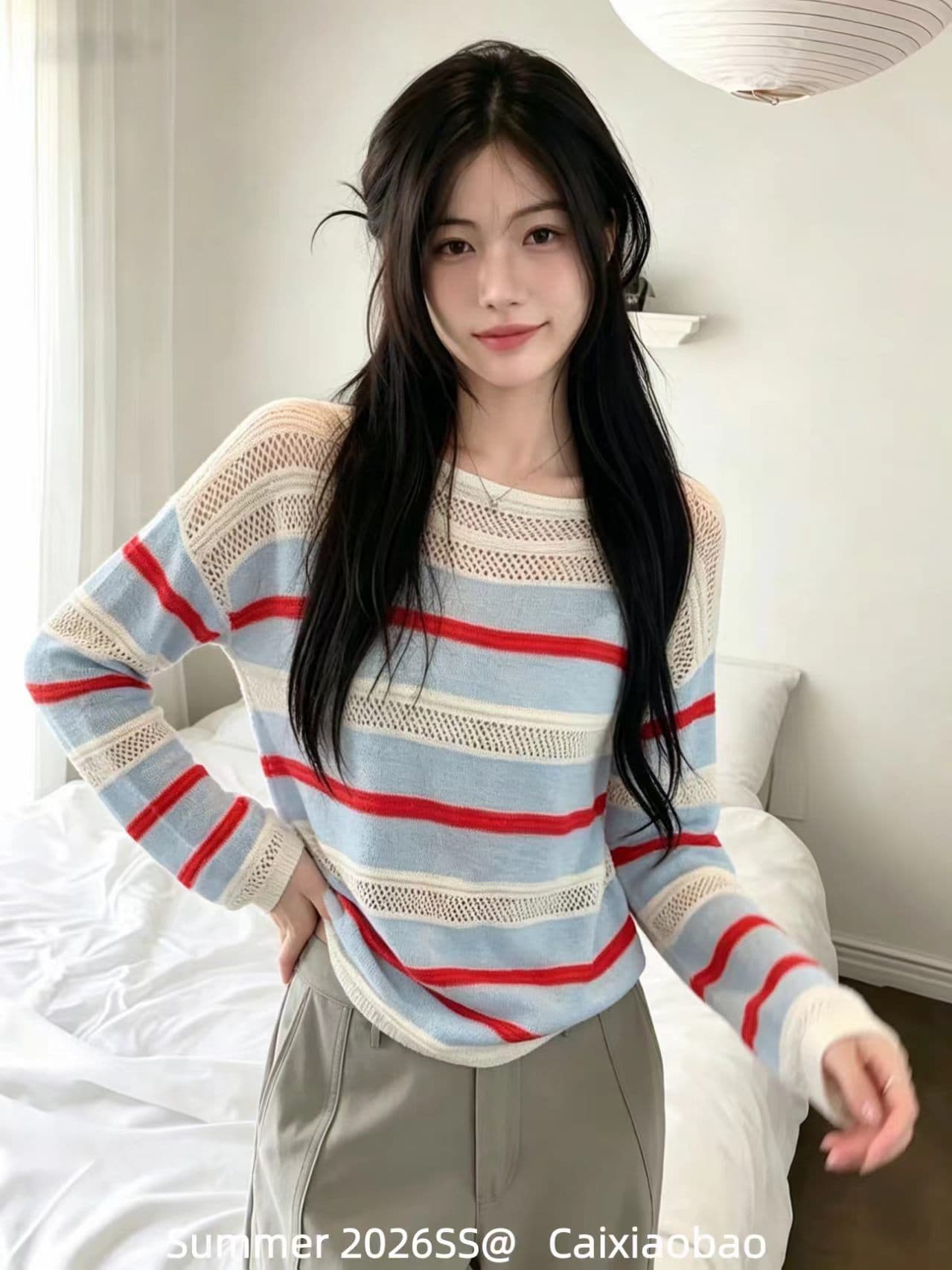 보존 폭발 한 부서 빨간색 블루 배색 홀로우 아웃 스트라이프 니트 스웨터 여성 이른 가을 루즈핏 느긋한 캐주얼 긴팔 맨위 상세 이미지 3