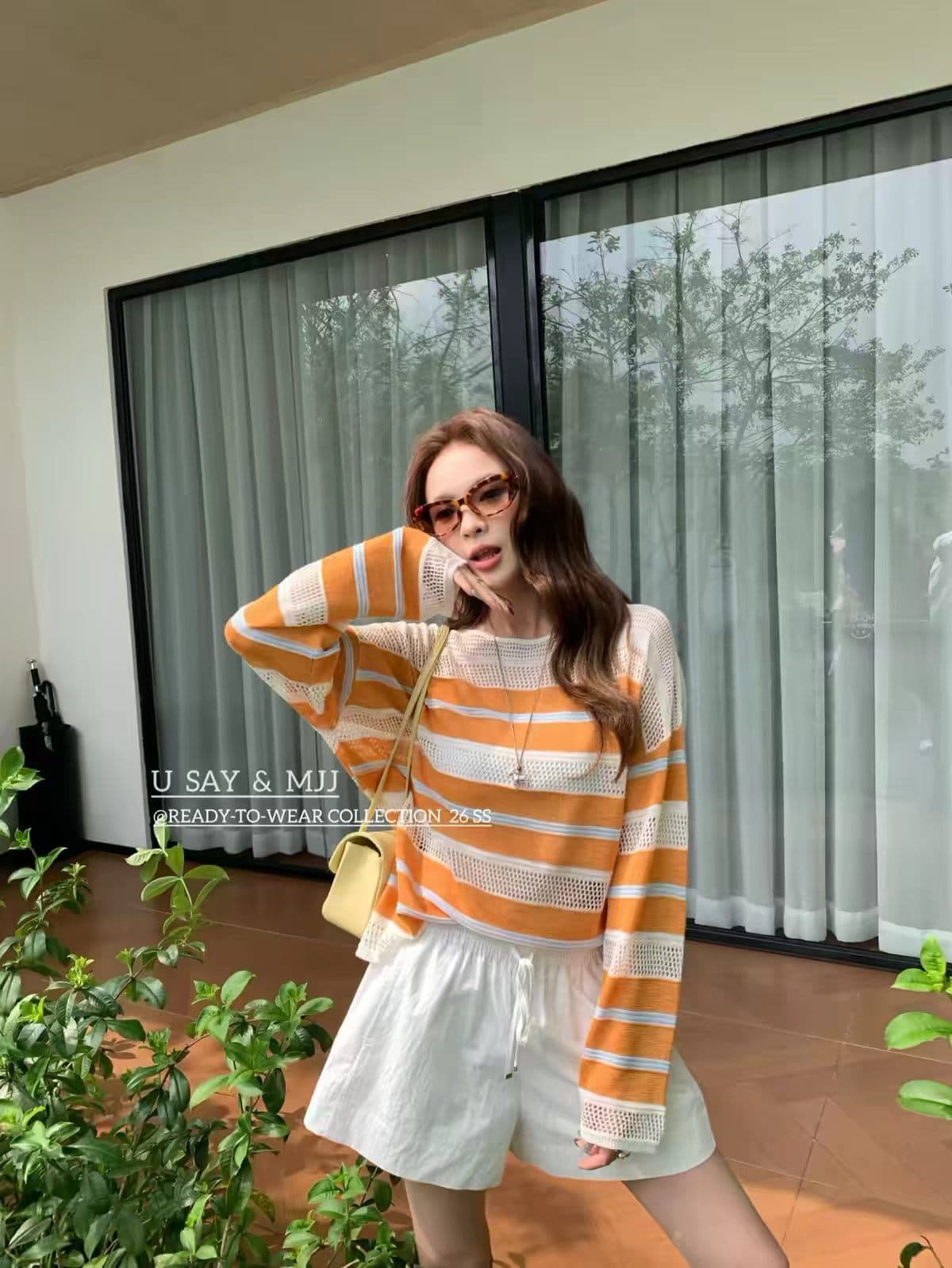 보존 폭발 한 부서 빨간색 블루 배색 홀로우 아웃 스트라이프 니트 스웨터 여성 이른 가을 루즈핏 느긋한 캐주얼 긴팔 맨위 상세 이미지 4