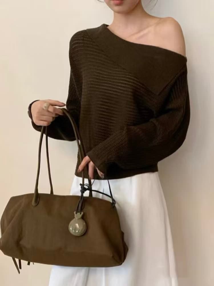 한 부서 미니멀리즘 가을 비스듬한 칼라 폴로 칼라 이슬 어깨 표지 고기 선택 구멍 비스듬한 어깨 박쥐 모직물 홀로우 아웃 니트 스웨터 맨위 이미지 4