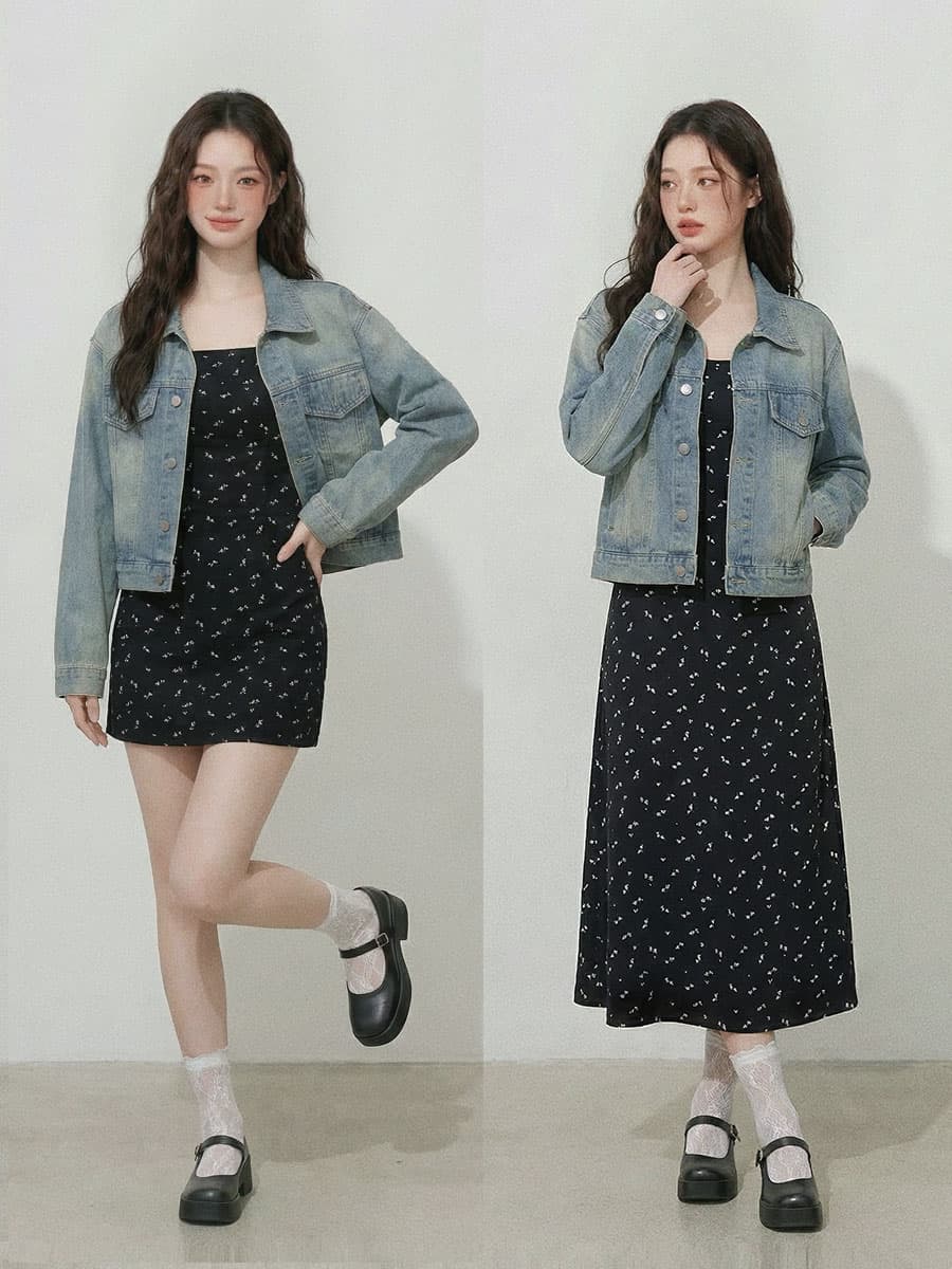 실사 빅 사이즈 여성 의류 검정색 꽃무늬 몸매 가꾸기 슬립 드레스 데님 재킷 투피스 세트 지방 mm 품격 슬립