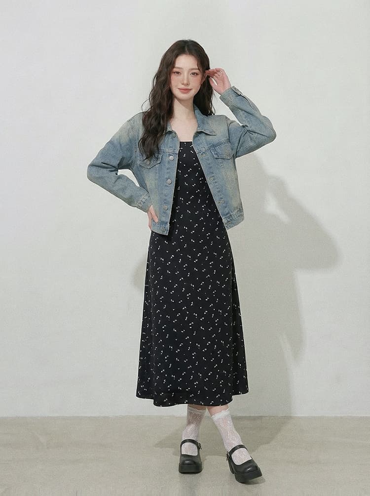 실사 빅 사이즈 여성 의류 검정색 꽃무늬 몸매 가꾸기 슬립 드레스 데님 재킷 투피스 세트 지방 mm 품격 슬립 상세 이미지 3