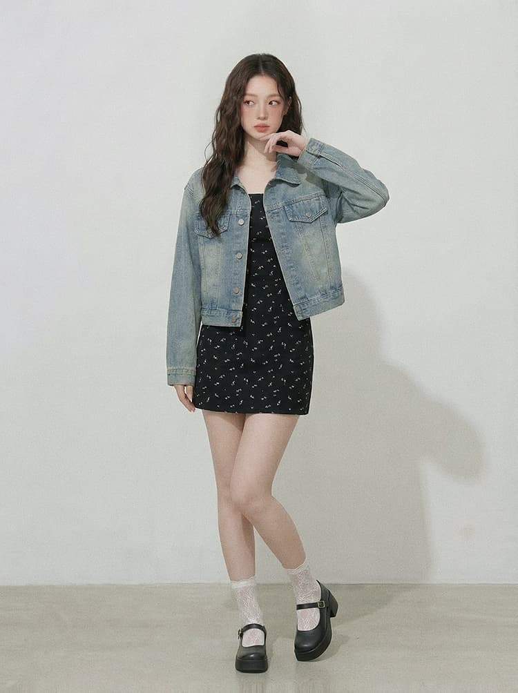실사 빅 사이즈 여성 의류 검정색 꽃무늬 몸매 가꾸기 슬립 드레스 데님 재킷 투피스 세트 지방 mm 품격 슬립 상세 이미지 7